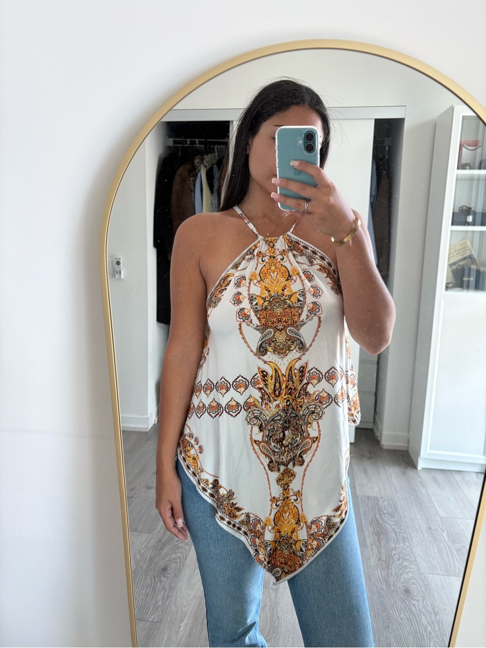 Halter Handkerchief Hem Camisole in White & Gold
